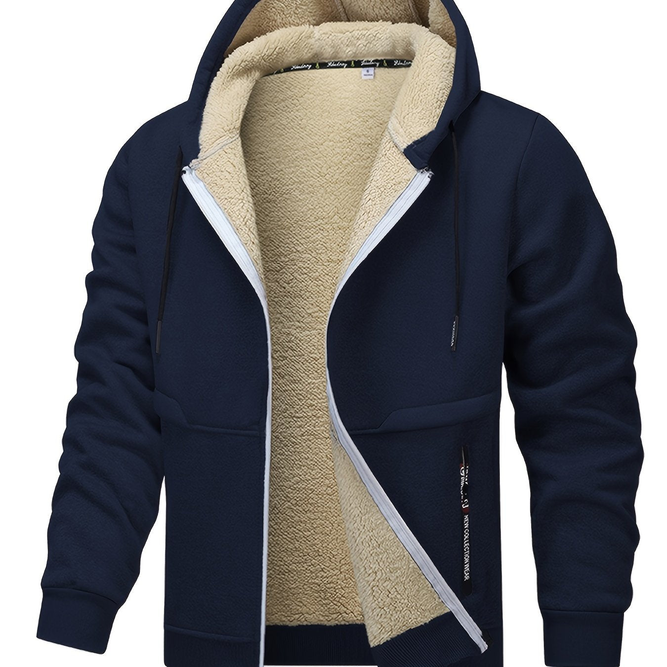 1pc Men'S Casual Style Hooded Jacket, Thick Fleece Lined, Warm Autumn/Winter Fashion, Solid Color, Polyester Knit with Pockets, Regular Fit
