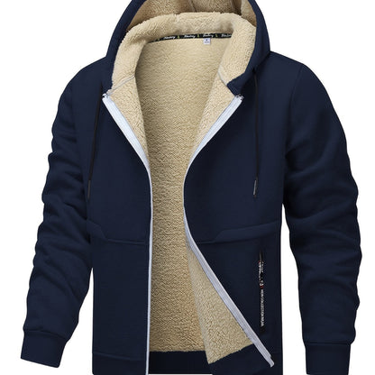 1pc Men'S Casual Style Hooded Jacket, Thick Fleece Lined, Warm Autumn/Winter Fashion, Solid Color, Polyester Knit with Pockets, Regular Fit