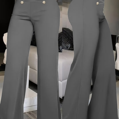 Elegant Double-Breasted Waistband Casual Pants, Solid Color, Polyester, Machine Washable - All Seasons, Queen Style, High-Grade Design