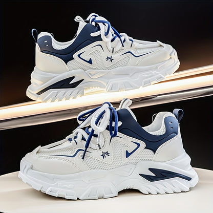 Men'S Breathable Mesh Sneakers with Thick Cushioned Sole - Lightweight Low-Top Lace-Up Shoes for Running, Hiking & Casual Wear, Navy Blue & White Design, All-Season Comfort, Sneakers, Hiking Footwear, Stylish Laceup Shoes, Du