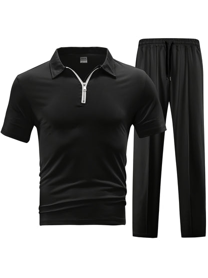 Men'S Casual 2pcs Set Knitted: Zipper Short Sleeve Shirt and Drawstring Pants - Black, Polyester, Suitable for Spring/Summer Casual Wea