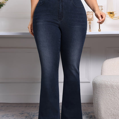 Plus Size Flare Leg Plain Washed Casual Style Zipper Button Closure Denim Pants, Women's Denim Jeans & Clothing