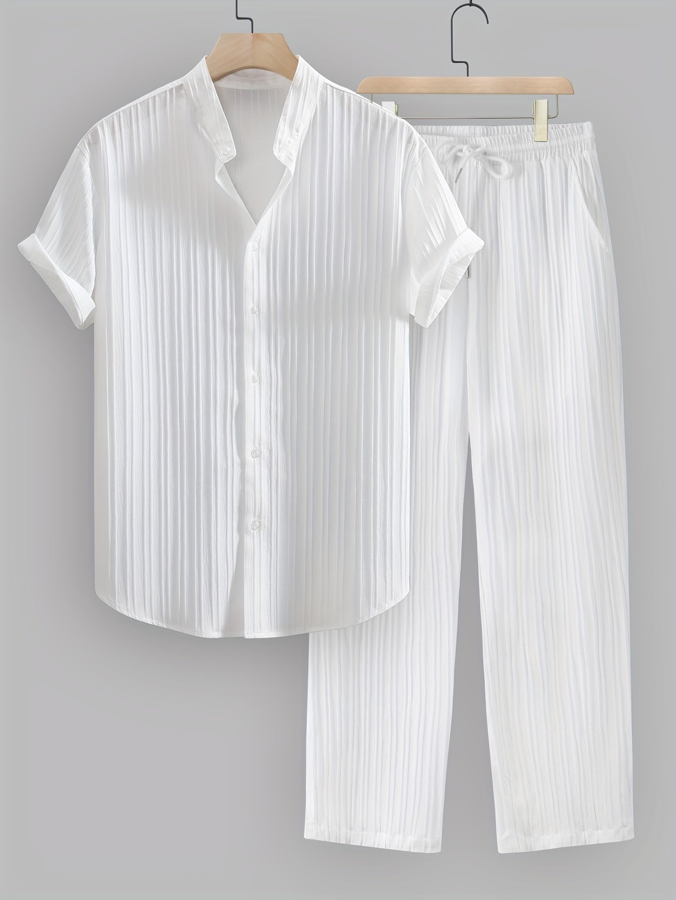 2pcs Men's Summer Casual Striped Polyester Outfit Set, Short Sleeve Stand Collar Shirt and Drawstring Pants, Non-Stretch Woven Fabric, Regular Fit for Daily Wear and Beach Vacation, Plain Color, Beach Vacation