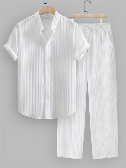 2pcs Men's Summer Casual Striped Polyester Outfit Set, Short Sleeve Stand Collar Shirt and Drawstring Pants, Non-Stretch Woven Fabric, Regular Fit for Daily Wear and Beach Vacation, Plain Color, Beach Vacation