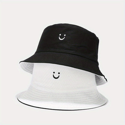 Unisex Black & White Fisherman Hat with joyful Face Embroidery - Double-Sided, Sporty Polyester Bucket Hat for Men and Women, Ideal for Outdoor Activities, Outdoor Hat | joyful Face Embroidery | Durable Headgear