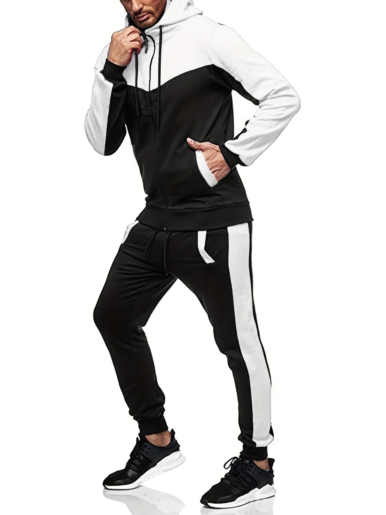 Men'S Casual Hoodie Set for Autumn And Winter, Featuring a Hooded Sweatshirt And a Sporty Cardigan in a Patchwork Design.
