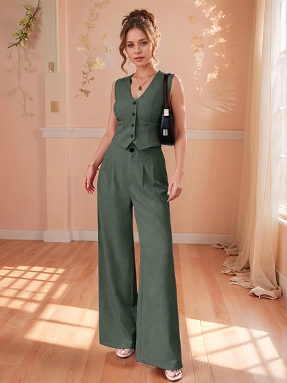 Design-Savvy Red Mini-Chic Sleeveless Suit Vest and Wide-Leg Pants Two-Piece Set