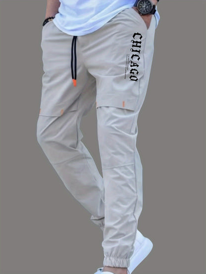 Men'S Casual Drawstring Joggers, 100% Polyester Non-Stretch Woven Fabric, All-Season Regular Fit Trousers with Alphabet Print Detail, Fashionable Workwear Style