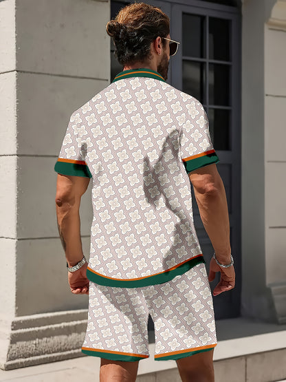 3D Digital Print Men's Fashion Casual Hawaiian Style Striped Shirt Two-Piece Set
