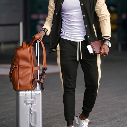 Men'S Casual Baseball Collar Jacket and Pants Set, Color Block Long Sleeve Sweatshirt and Sweatpants, Polyester Woven Suit with Button Detail, Spring/Fall Collection