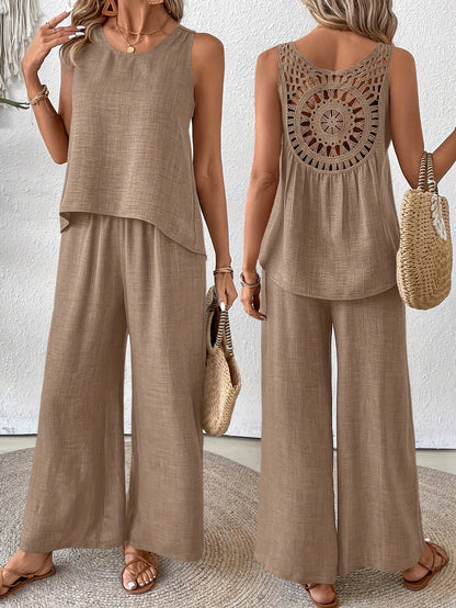 Women'S Summer Backless Cut-Out Panel Tank Top + Wide Leg Pants Set - Casual, Simple, Sleeveless, Polyester, Light Beige, Perfect for Spring/Summer, Casual Attire|Backless Top|Polyester Fabri
