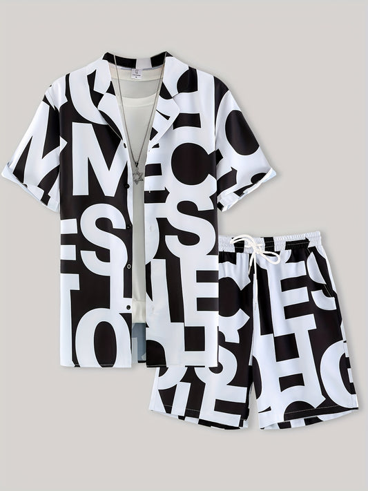 Men's Suit with Black and White Letter Print, Short Sleeve, Open Collar Shirt and Shorts, Casual Set