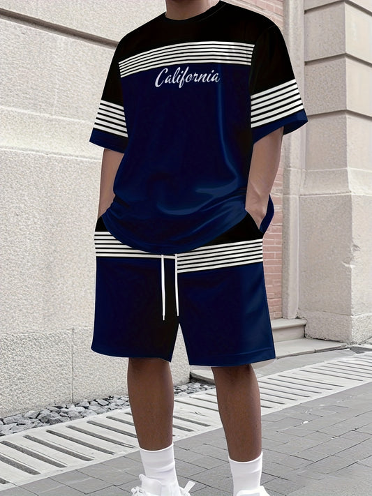 Men'S Athletic T-Shirt & Shorts Set - California Graphic, Blue & White, Drawstring Waist, Summer Sportswear, Regular Fit, Adult Exercise Gear, Athletic Apparel | California Design | Knit Constructio