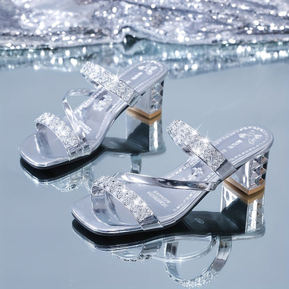 Elegant Women'S Summer Sandals - Sexy Open Toe with Glittering Square Toe, High Heel, and Rubber Sole for Outdoor Wear, Summer Footwear | Chic Sandals | Glossy Finish, Strappy Sandals