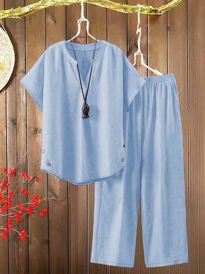 Women'S Solid Color V-Neck Short Sleeve Shirt with Elastic Waist Wide-Leg Pants Two-Piece Set