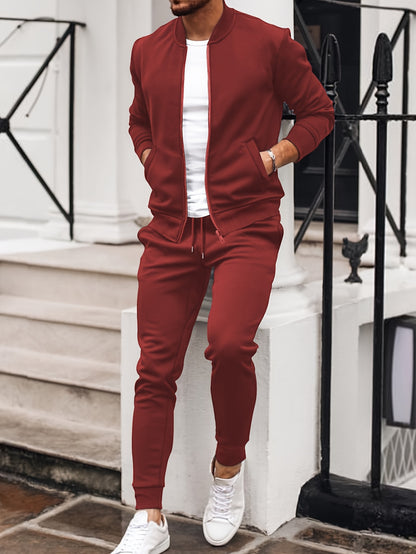 Men'S Casual Polyester Sweatsuit Set with Baseball Collar and Slight Stretch - Solid Color Long Sleeve Knit Fabric Track Suit for Fall/Winter