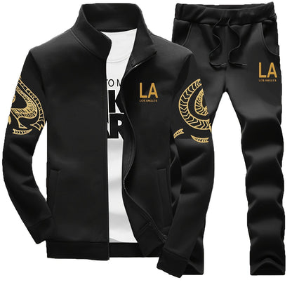 Men's Casual Print Sweatshirt & Joggers Set - Polyester, Stand Collar, Zip-Up Jacket for Spring/Fall