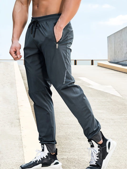 [Travel] Men's Casual Athletic Pants - Black Polyester with Elastane, Zippered Pockets, Elastic Waistband, Lightweight & Breathable for Gym, Outdoor Sports & Casual Wear, Gym Clothes