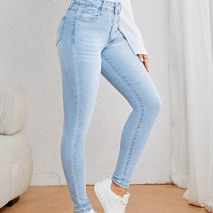 Women's Casual Plain Light Blue Skinny Jeans, Stretchy Denim Pants, Classic Design, High Waist Slim Fit For Everyday Fashion - Perfect For Fall & Winter