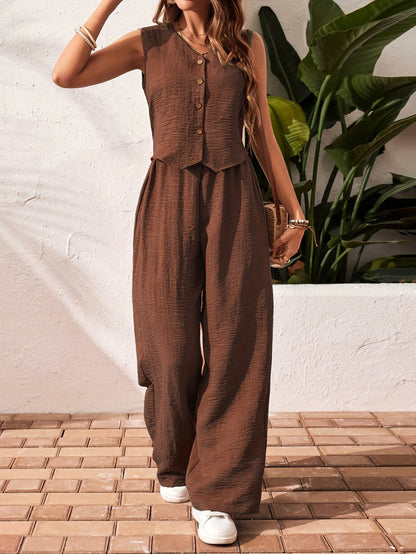 Women's Solid Color Front Buckle Sleeveless Shirt and Trousers Casual Suit Spring/Autumn Women's Fashion Elegant Unique Two-Piece Set