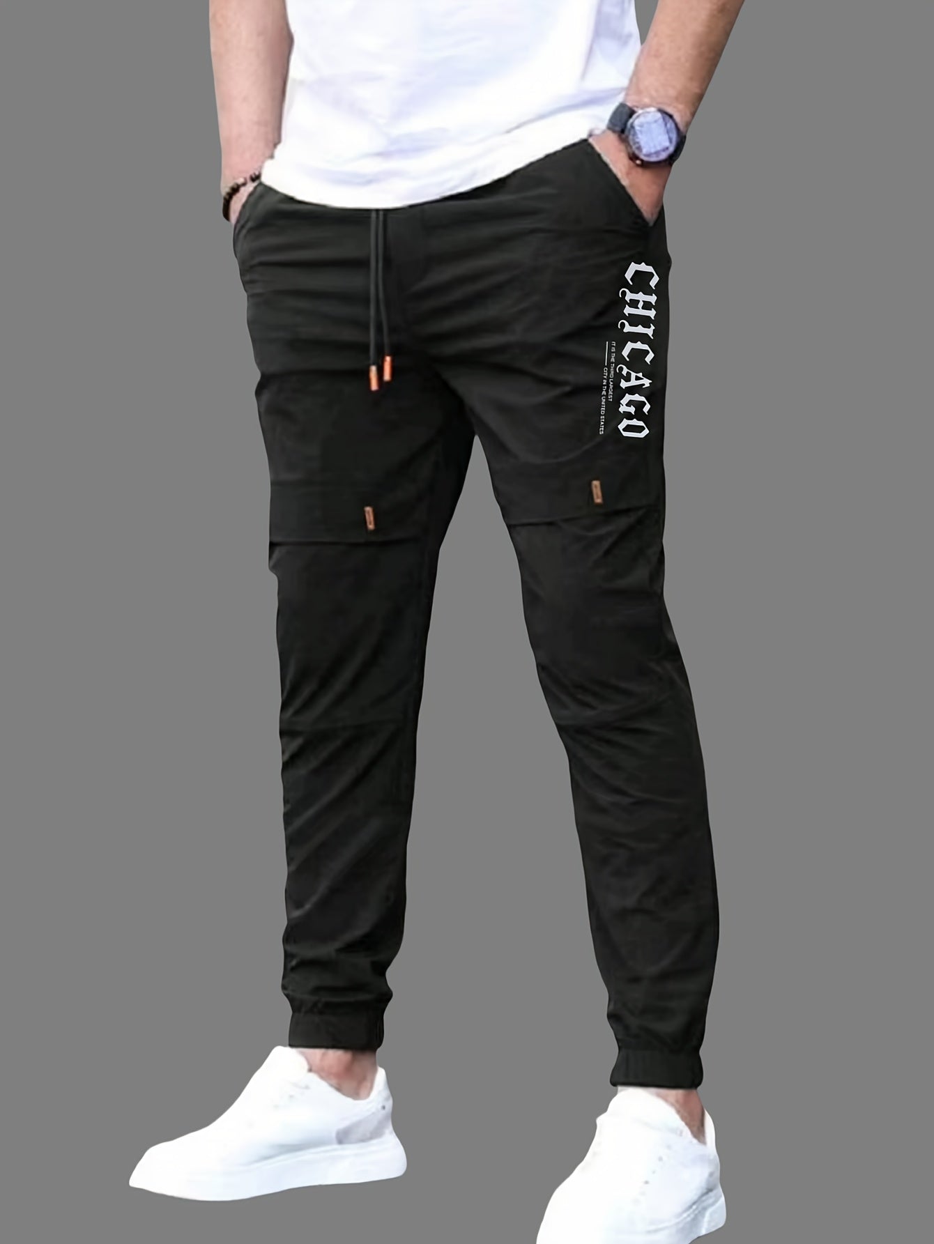 Men'S Casual Drawstring Joggers, 100% Polyester Non-Stretch Woven Fabric, All-Season Regular Fit Trousers with Alphabet Print Detail, Fashionable Workwear Style