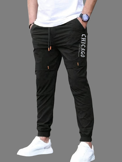Men'S Casual Drawstring Joggers, 100% Polyester Non-Stretch Woven Fabric, All-Season Regular Fit Trousers with Alphabet Print Detail, Fashionable Workwear Style