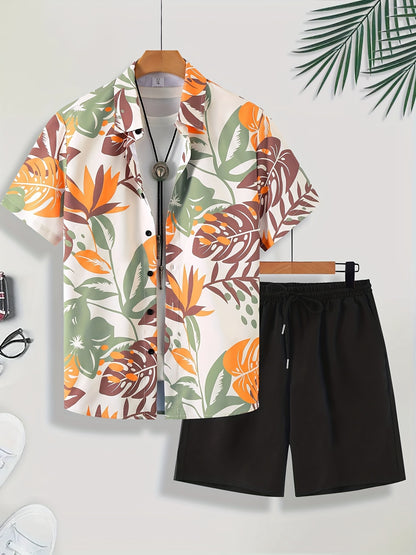 Men'S Tropical Palm Leaf Print Short Sleeve Shirt & Solid Black Shorts Set - Casual Summer Outfit with Drawstring Waist, Non-Stretch Fabric, Perfect for Beach or Vacation, Beach Attire | Tropical Print Shirt | Nonstretch Fabr