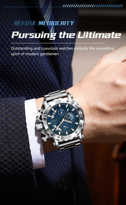 POEDAGAR Men'S Luxury Stainless Steel Business Watch with Date Display, 3ATM Blue Dial, Rotating Bezel, Alloy Case, Quartz Movement - Elegant Formal Accessory, Formal Accessory|Luxurious Watch|Quartz Movement Watch