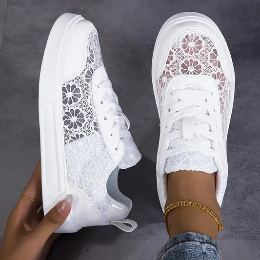 Women'S Elegant Lace Sneakers - Breathable Fabric Upper, White with Floral Pattern, Lightweight & Soft Sole, Durable EVA, Perfect for Daily Work, Sports, Summer Outings & Vacations, Casual Footwear | Elegant Sneaker | Comfort
