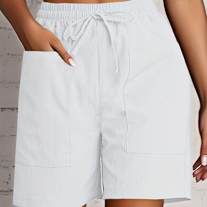 Women's Beige Cargo Shorts - Casual & Stylish, Solid Color with Drawstring Waist and Pockets, Polyester Blend, Machine Washable, All-Season Comfort