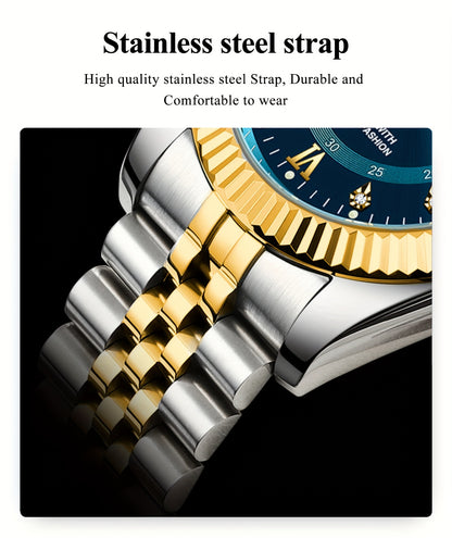 POEDAGAR Luxury Men'S Quartz Watch - Waterproof, Luminous, Stainless Steel Band, Blue & Golden Accents, Date & Week Display, Casual Elegant Timepiece with Backpack Clasp