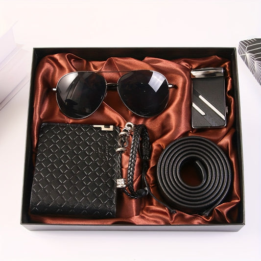 5pcs Men'S Gift Set: Automatic Buckle Belt, Exquisite Fashion Glasses, Bracelet, Stylish Wallet, with Gift Box. Fashionable Set, Essential for Trendy Men