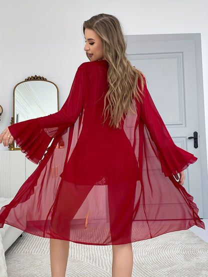 Sexy Mesh Semi-Sheer Strap+Cute Ruffle Long Sleeve Lightweight Mesh Outerwear Pajama Set