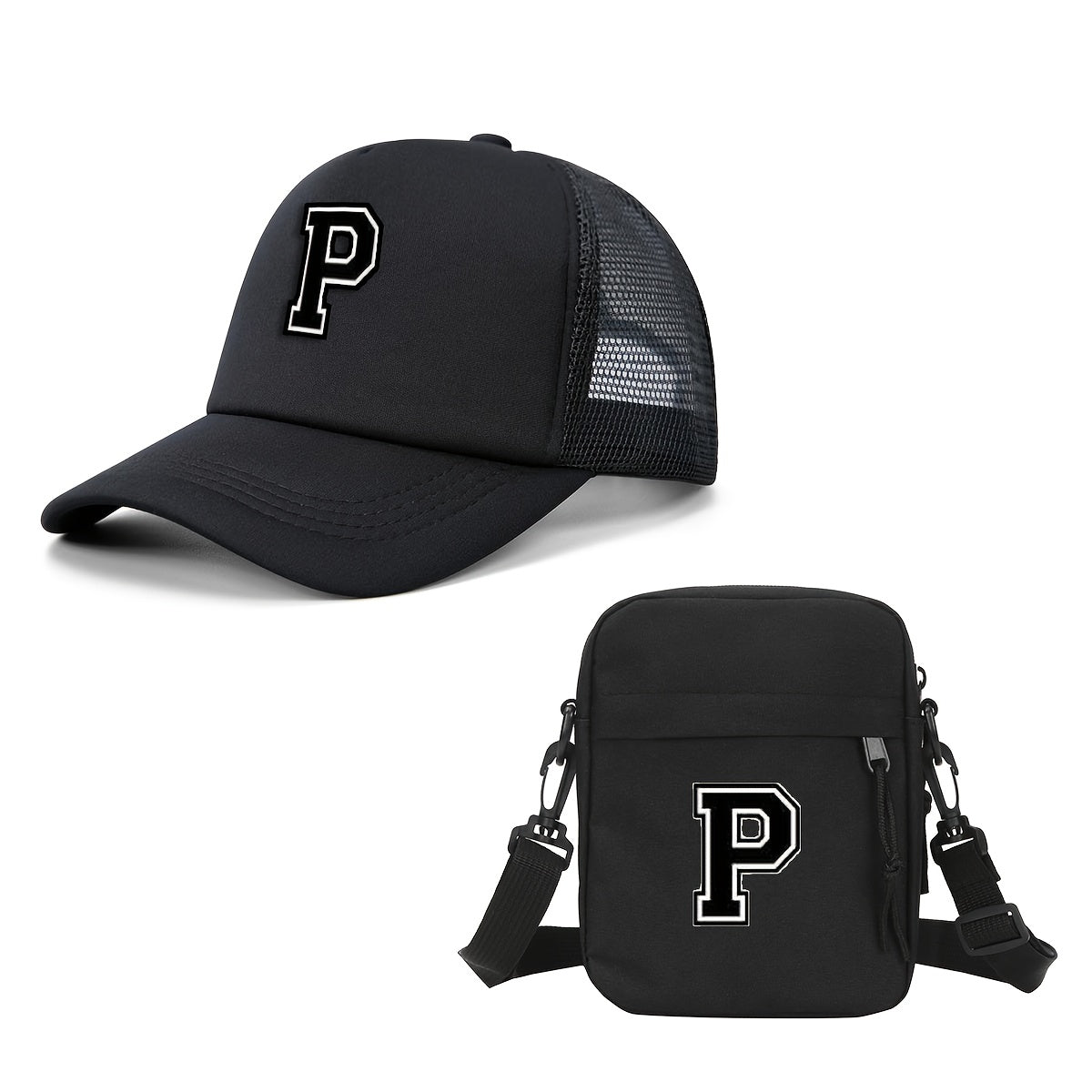 2pcs Men'S And Women'S 26-Letter Printed Trucker Hat & Bag Set, Mesh Breathable Versatile Casual Sun Hat, Suitable for Holiday Vacation, Mountain Climbing, Camping, Outdoor Street And Other Scenes, Suitable As a Birthday, Hol