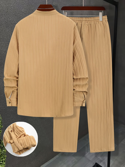 Men'S Two-Piece Set Featuring Textured Fabric, Versatile Long-Sleeve Shirt with Ear Loops, And Loose Drawstring Casual Pants.