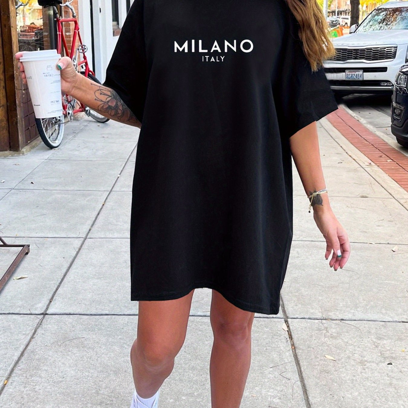 Երկկողմանի Milano Italy Letter Print Crew Neck Tee զգեստ, պատահական կարճաթև ամառային զգեստ կանանց համար, թեթև և հարմարավետ