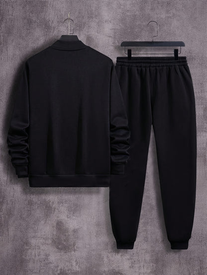 Men'S Casual Polyester Sweatsuit Set with Baseball Collar and Slight Stretch - Solid Color Long Sleeve Knit Fabric Track Suit for Fall/Winter