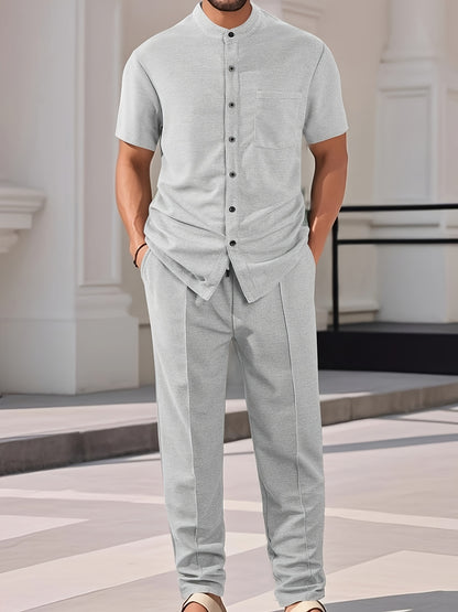 Men'S Two-Piece Set Featuring a Short-Sleeve Cardigan with Pockets And Drawstring Pocket Long Pants, Perfect for a Clean And Comfortable Summer.