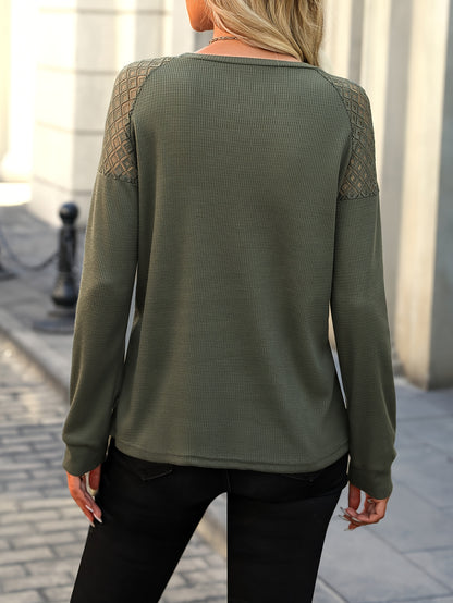 Contrast Lace Crew Neck T-Shirt, Casual Long Sleeve Top For Spring & Fall, Women's Clothing