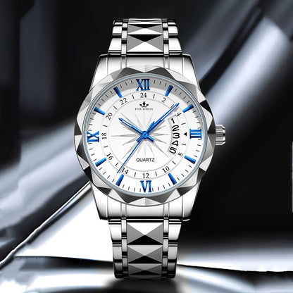 A New FOURRON Brand Men's Quartz Watch With Stainless Steel Strap And Case, Trendy And Luxurious Multi-functional Roman Numeral Dial, Luminous Watch, A Great Gift For Friends' Birthdays, Holidays, And Parties.