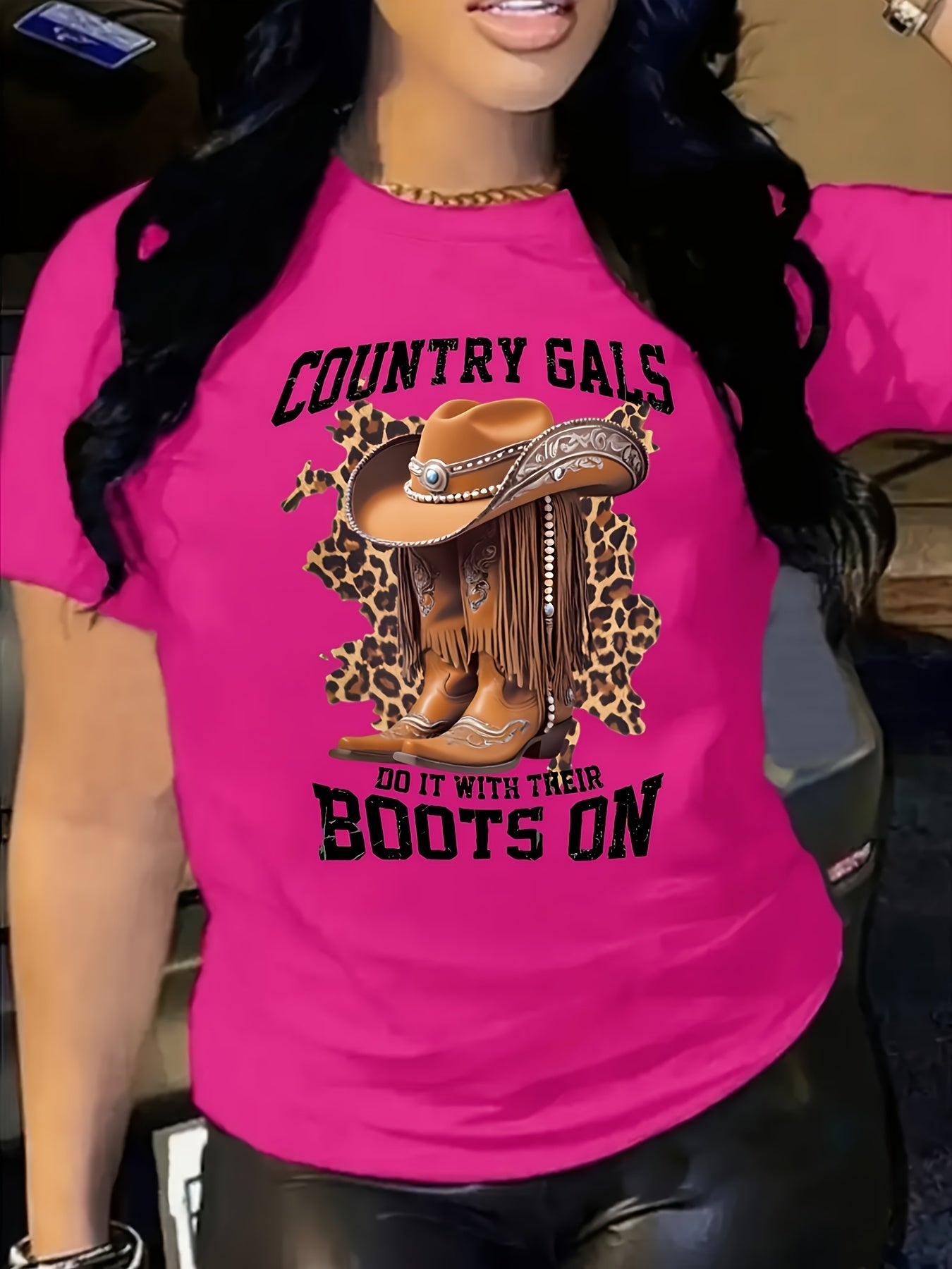 Women's Casual Short Sleeve T-Shirt with Cartoon Cowboy Boots & Leopard Print Graphic, "Country Gals Do It with Their Boots On" Slogan, Vibrant Orange Round Neck Tee, Machine Washable Regular Fit, Allseason Top, Semitranspare