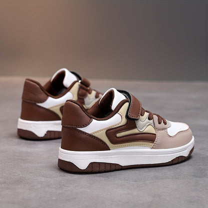 Boys' Stylish Low-Top Sneakers - Lightweight, Breathable Faux Cover with Striped Design, Hook-and-loop Fastener Strap, Perfect for Casual Running & Sports - Brown & White, Running Shoes