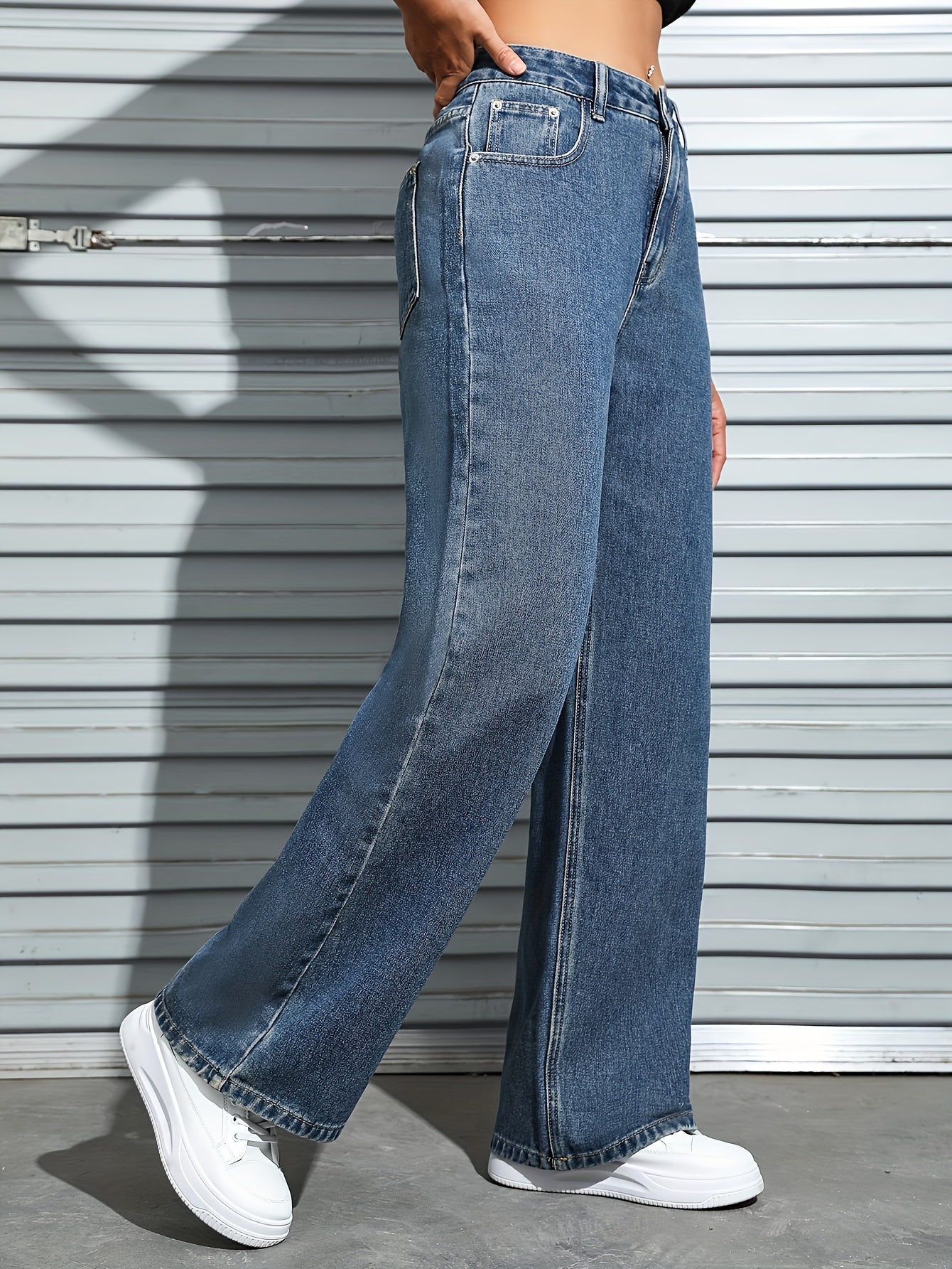 Պարզ լվացված կապույտ ազատ Fit Casual Slash գրպանի ջինսե ջինսե տաբատ, կանացի ջինսե ջինսեր և հագուստ աշնանային համար