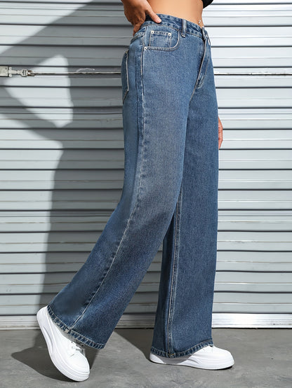 Պարզ լվացված կապույտ ազատ Fit Casual Slash գրպանի ջինսե ջինսե տաբատ, կանացի ջինսե ջինսեր և հագուստ աշնանային համար