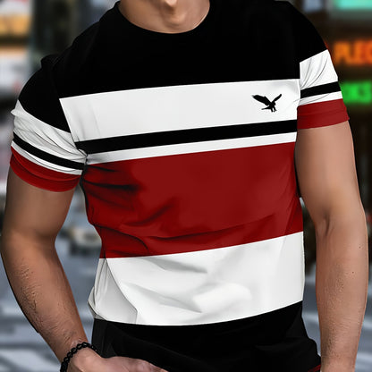 Men's 3D Digital Print Short Sleeve T-Shirt - Bold Striped Color Block Design, Breathable Round Neck, Lightweight All-Season Casual Tee, Machine Washable, Everyday Outfit, Modern Fashion, Durable Tee, Printed Shirt, Streetwea