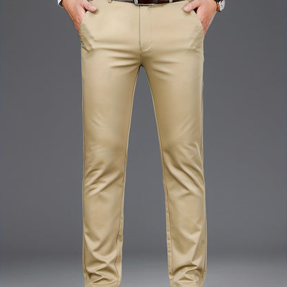 Men'S Stretch Fit Straight-Leg Trousers - Beige Business Casual Pants with Elastic Waistband, Perfect for Spring & Fall, Office Attire|Sleek Formal Attire|Comfortable Fit