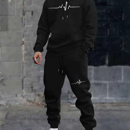 1set Men'S Casual Geometric Heartbeat Pattern Hoodie and Sweatpants Set, Polyester and Spandex Blend, Loose Fit, Hooded Pullover for Autumn/Winter