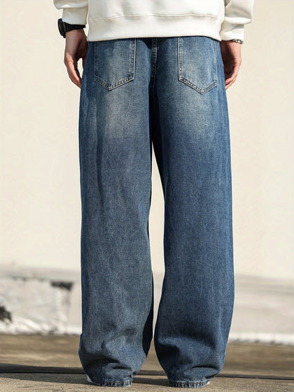 Men'S Casual Loose Fit Wide Leg Denim Jeans, Cotton Blend, Non-Stretch, Solid Color, with Pockets, for All-Season Wear, Fashionable Street Style Trousers