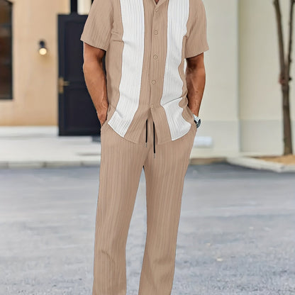 Men'S Color Block French Stripe Short Sleeve Shirt and Pants Set - Casual Button-Up Blazer with White Stripes, Dark Green Pants, Regular Fit for Casual Attire, Versatile Menswear | French Stripe Design | Nonstretch Fabric