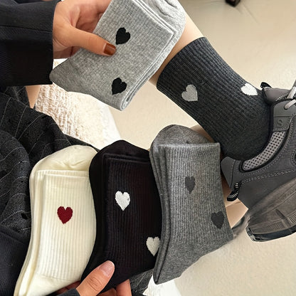 5 Pairs High-Quality Heart Socks Women's Fashionable Breathable Mid-Calf Socks